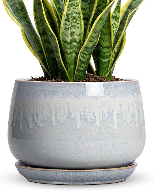 9 Inch Ceramic Pots for Plants - Indoor Plant Pots with Drainage and Saucer, Decorative Planters for Indoor Plants, Round Large Flower Pot, Rustic Home Decor, Housewarming Gifts, Grey-White