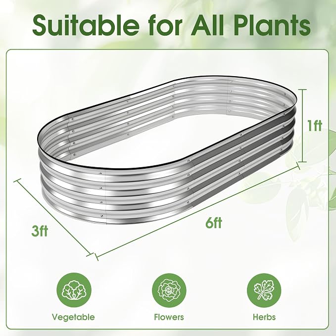 NEWBULIG Galvanized Raised Garden Bed Outdoor, 6x3x1ft Metal Planter Box for Vegetables Flowers Herbs, Heavy-Duty Oval Raised Flower Bed for Gardening, Open Bottom, Easy Assembly, Safe Edges