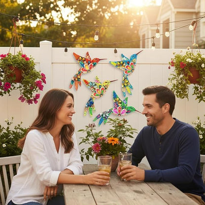 Cruis Cuka Outdoor Metal Wall Art Garden Decor for Outside Colorful Hummingbird Fence Art - (Set of 4,ColorF)