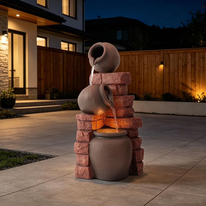 3-Tier Outdoor Water Fountain with LED Light, Garden Fountain Cascading Waterfall Fountain, Floor-Standing Water Feature for Patios, Porch, Backyards