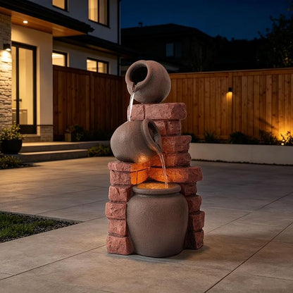 3-Tier Outdoor Water Fountain with LED Light, Garden Fountain Cascading Waterfall Fountain, Floor-Standing Water Feature for Patios, Porch, Backyards