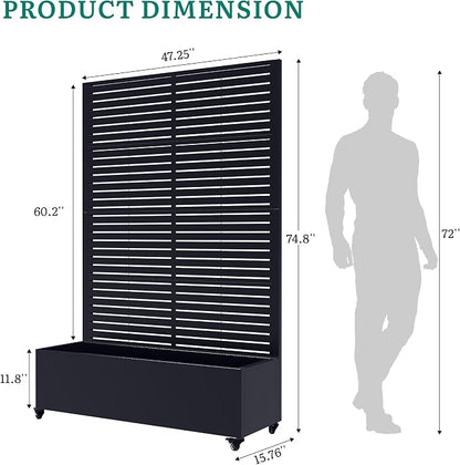 Metal Planter Box with Trellis, Galvanized Steel Raised Garden Bed with Privacy Screen, Lockable Casters, 73"x47"x16" Planter with Drainage Holes for Outdoor Climbing Plants, Vegetables, Patio