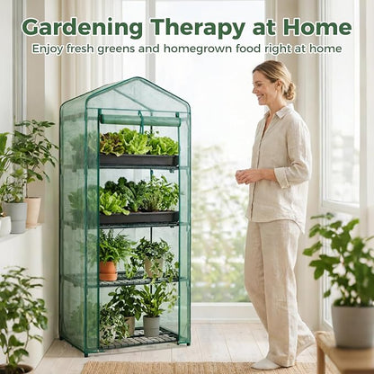 NEWBULIG Mini Greenhouse with Durable PE Cover Roll-up Zipper Door 4 Tier, 27"x19"x63" Small Greenhouse for Outdoors Indoor Balcony, Porch, Garden, Patio, Backyard Green Houses, Green
