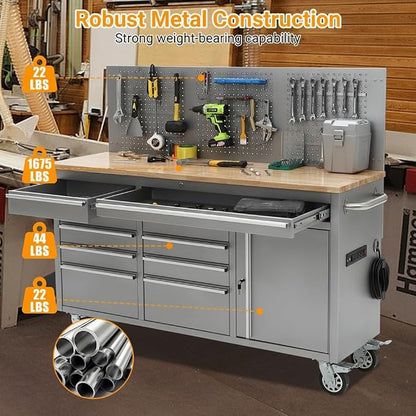 Heavy-Duty 10-Drawer Rolling Tool Cabinet & 61" Garage Workbench with Solid Wood Top, Power Strip, USB, 1675 lb Load, Ball-Bearing Slides, Locking Wheels, Mobile Tool Organizer in Silver
