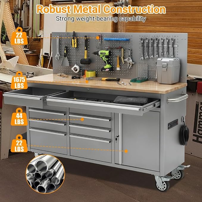GarveeTech 61-Inch Rolling Tool Chest, 10-Drawer Heavy Duty Garage Workbench with Solid Rubber Wood Top, Power Strip, 1675 LBS Load Mobile Storage Tool Cabinet - Black Workstation