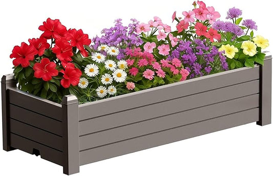 PatioZen Raised Garden Bed, 21 Gallon Self-Watering Outdoor Raised Planter Box with Drainage Plug and Gauge for Vegetables, Flowers and Herbs, Durable Rustproof Resin for Backyard Patio Porch (Grey)