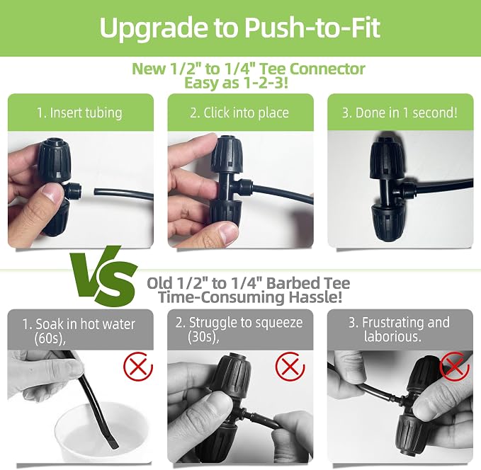 6 Pack 1/2'' to 1/4'' Drip Irrigation Fittings, Push-to-Connect 3 Way Drip Irrigation Part Barbed Tee Connectors, Anti-Leak Locked Splitter Fitting for 1/2" Irrigation Tubing (0.6''-0.67''OD)