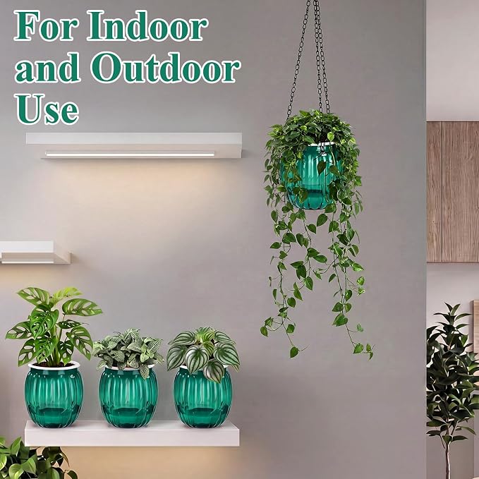 10 Pack 6.5 Inches Self Watering Hanging Planters for Indoor Outdoor Plants Bulk with Metal Hanging Chain and Hook, Self Watering Hangings Pots for Garden Home (Green)