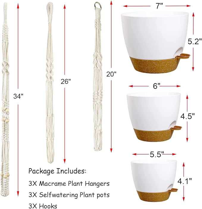 Bouqlife 3 Sets Hanging Planters for Indoor Plants with Self-Watering Hanging Pots and Macrame Plant Hangers, Outdoor Hanging Flower Pots with Drainage 3 Different Size for Home Patio Boho Decor
