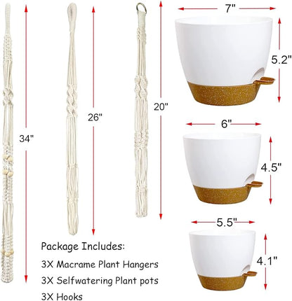 Bouqlife 3 Sets Hanging Planters for Indoor Plants with Self-Watering Hanging Pots and Macrame Plant Hangers, Outdoor Hanging Flower Pots with Drainage 3 Different Size for Home Patio Boho Decor