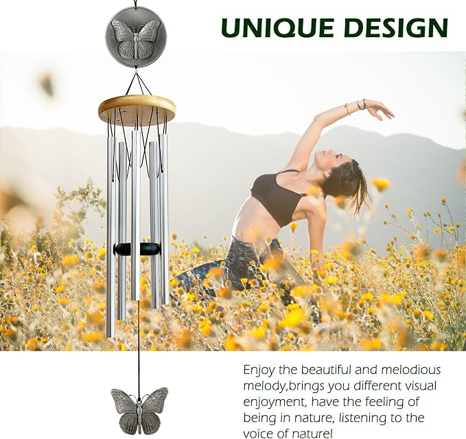Butterfly Wind Chimes for Outside,29 "29 "Outdoor Wind Chime Butterfly Gifts for Women/Mother/Father/Christmas,Unique Windchimes Outdoors Butterfly Garden Patio Home Yard Decor(Silver)