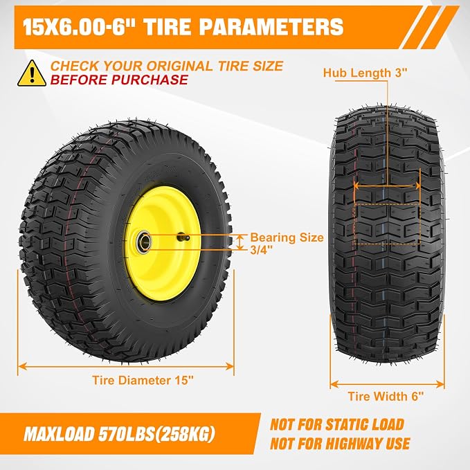 Yesker (1-Pack)15x6.00-6 Pneumatic Lawn Mower Tire and Wheel with 3/4" Bearing Bore, 15x6-6nhs Rubber Riding Lawnmower Tires with 3" Center Hub