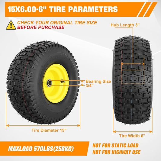 Yesker (1-Pack)15x6.00-6 Pneumatic Lawn Mower Tire and Wheel with 3/4" Bearing Bore, 15x6-6nhs Rubber Riding Lawnmower Tires with 3" Center Hub