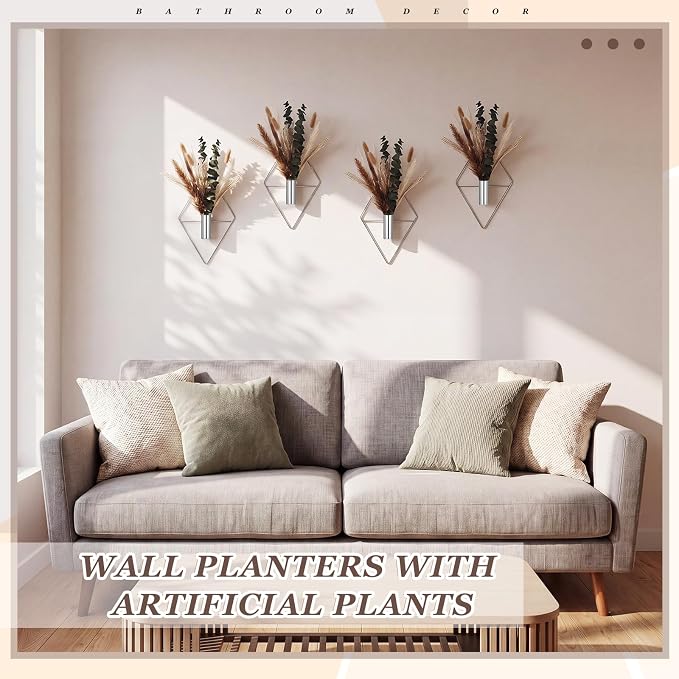 Jexine 8 Pcs Hanging Planters with Artificial Pampas Metal Hanging Vase Indoor Plants Holder Modern Geometric Boho Bathroom Wall Decor for Living Room Home Office(Chrome Silver)