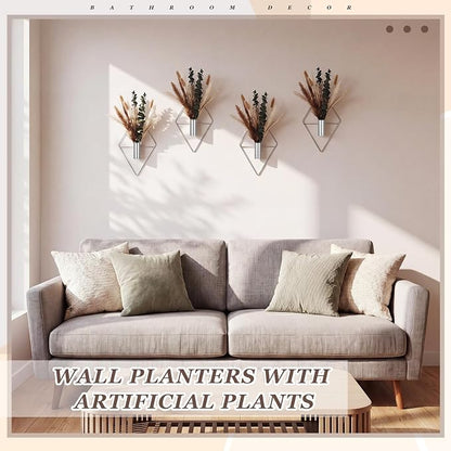 Jexine 8 Pcs Hanging Planters with Artificial Pampas Metal Hanging Vase Indoor Plants Holder Modern Geometric Boho Bathroom Wall Decor for Living Room Home Office(Chrome Silver)