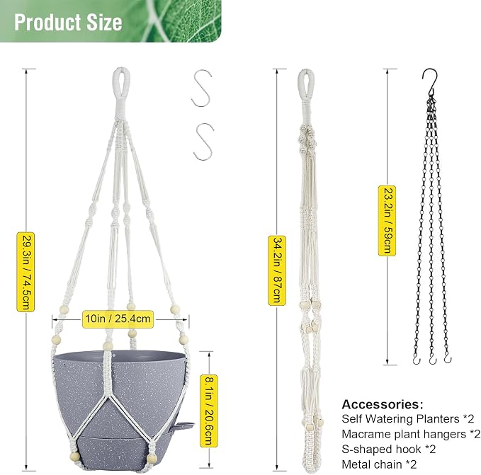 Meowell Self Watering Hanging Planters 10 inch, 2 Pack Hanging Flower Pots for Indoor Outdoor Plants, Hanging Baskets with Drainage Holes & 2 Kinds of Plant Hangers for Garden Decor, Speckled Grey