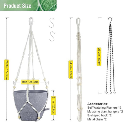 Meowell Self Watering Hanging Planters 10 inch, 2 Pack Hanging Flower Pots for Indoor Outdoor Plants, Hanging Baskets with Drainage Holes & 2 Kinds of Plant Hangers for Garden Decor, Speckled Grey