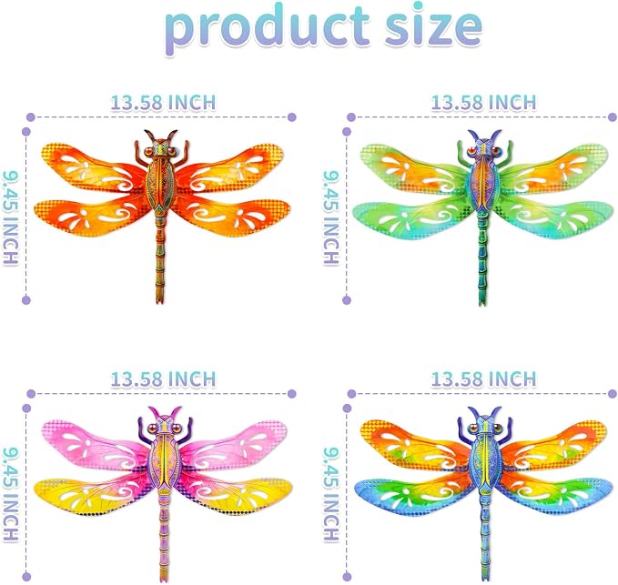 Metal Dragonfly Wall Decor, 4Pcs Dragonfly Iron Wall Art Sculptures Hanging Sculpture Decoration.Outdoor Fence Art 13.58 * 9.45 Inch for Home Garden, Fence, Patio, Yard, Bedroom Outside Gifts for Adults
