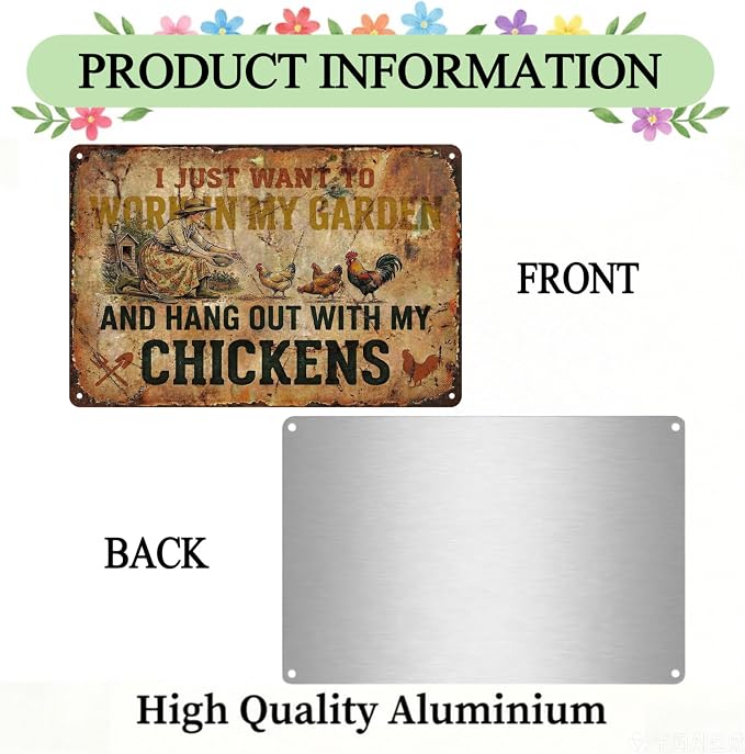 Funny Garden Metal Signs, Vintage Outdoor Wall Decor 12x8 Inch | Work in My Garden With Chickens, Weatherproof Aluminum Sign for Patio Yard Greenhouse, Gift For Gardeners