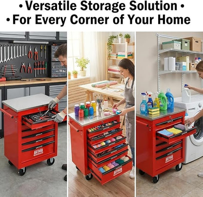 6-Drawer Rolling Tool Chest, Lockable Stainless Worktop for Garage, Red | Heavy Duty Metal Tool Cabinet with Drawers on Wheels for Warehouse and Workshop Storage