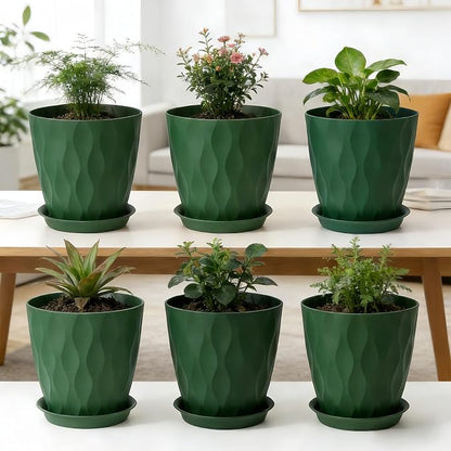 8 Inch Plastic Plant Pots for Plants with Drainage Holes and Saucer, 6 Pack | Planter for Indoor/Outdoor Plants, Modern Decorative Flower Pots for Home, Garden