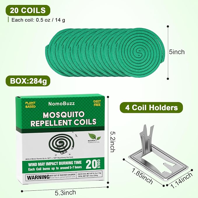 NomoBuzz Mosquito Repellent Coils Outdoor Citronella DEET-Free 20 Count | Plant-Based Citronella Formula, Each Coil Burns for 5-7 Hours, Up to 10-Foot Coverage, Ideal for Patio Camping with 4 Stands