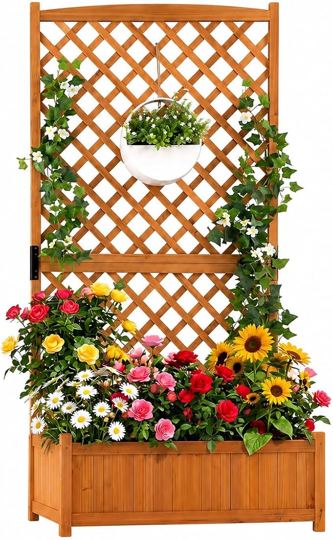 Giantex Raised Garden Bed with Trellis, 71" Wooden Elevated Planter Box, High Trellis for Plant Flower Climbing Pot Hanging, Indoor & Outdoor Planter Box for Yard, Garden, Balcony