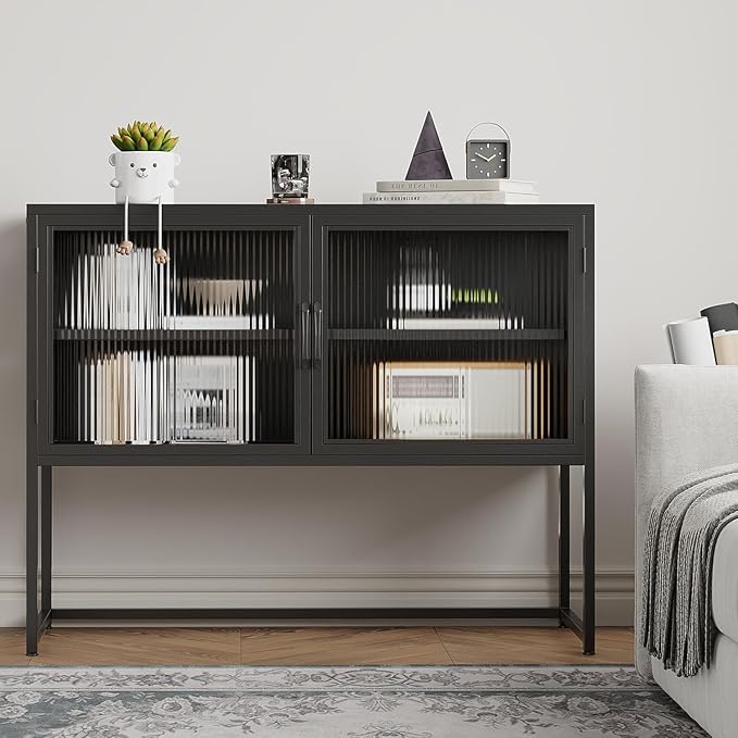 GarveeHome Buffet Cabinet with Glass Doors, Sideboard Cabinet with Adjustable Shelves, Freestanding Glass Storage Cabinet for Kitchen, Living Room, Dining Room, Black