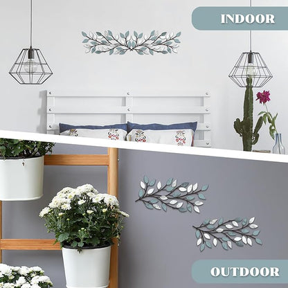 Hotop 2 Pieces Metal Tree Leaf Wall Decor Vine Olive Branch Leaf Wall Art Wrought Iron Scroll Sculptures Above the Bed, Living Room, Outdoor Decoration(Fresh Style,Fresh Color)