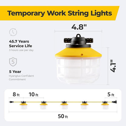 50FT Construction String Lights: 75W Ultra-bright 10500 lumens Linkable ETL Listed 18AWG Wire Industrial Outdoor Temporary Lighting IP65 Waterproof Hanging Led Work Light for Attic Jobsite Garage | Linkable Up to 12 sets, 140 LM/W, 18/2 SJTW Cord, IP65...
