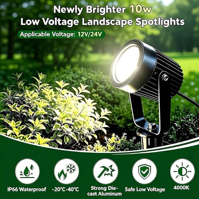 Low Voltage Landscape Spotlight, 12V LED Outdoor Spot Lights, Landscape Lighting Wired for Yard Path Garden Tree, 10W Aluminum Up Lighting with Connectors, IP66 Waterproof & 4000K, 1 Pack