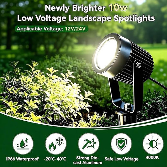 Low Voltage Landscape Spotlight, 12V LED Outdoor Spot Lights, Landscape Lighting Wired for Yard Path Garden Tree, 10W Aluminum Up Lighting with Connectors, IP66 Waterproof & 4000K, 1 Pack