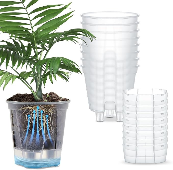 Wonderjune Self Watering Pots for Indoor Plants with Deep Reservoir and High Drainage Holes for Outdoor Plants and Flowers, Bare Root Planter(4.72'',Clear,9 Pcs)
