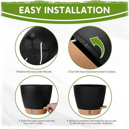 8 Inch Self Watering Pots for Indoor Plants, Plastic Planters with Deep Reservoir & Drainage Holes, Flower Pots for Monstera, Snake Plant & Peace Lily, Worry-Free Vacation Care (Black, 8 inch)