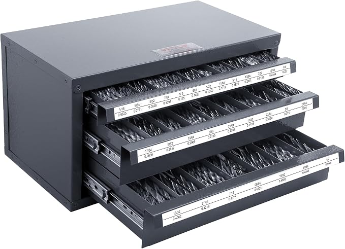 VEVOR Drill Bit Dispenser Cabinet, Three-Drawer Drill Bit Dispenser, Drill Bit Organizer Cabinet, Drill Dispenser Organizer Cabinet for Jobber Length Fractional Size 1/16" to 1/2" in 1/64" Increments