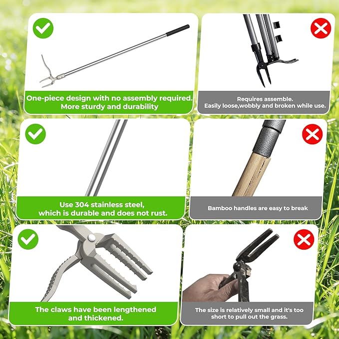 One-Piece Stand Up Weed Puller Tool with Long Handle, 47" No Assembly Stainless Steel Garden Weeder Dandelion Root Removal Without Kneeling