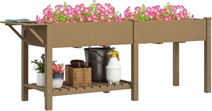 Outsunny Raised Garden Bed, Wood Elevated Planter Box with Side Table, Bottom Shelf, Outdoor Raised Planter with Bed Liners, Drainage Holes for Vegetable Flower, 81.5 x 23 x 31 in, Carbonized Brown