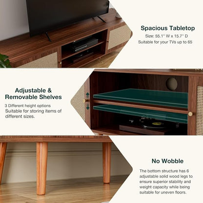 ZttRiee TV Stand with Rattan Doors for TVs up to 65", Mid-Century, Walnut | 54.7"W x 15.7"D x 18.9"H, 150 lbs capacity, 2 rattan-door cabinets & 1 shelf (4 compartments), 2 cord holes, 6 wood feet