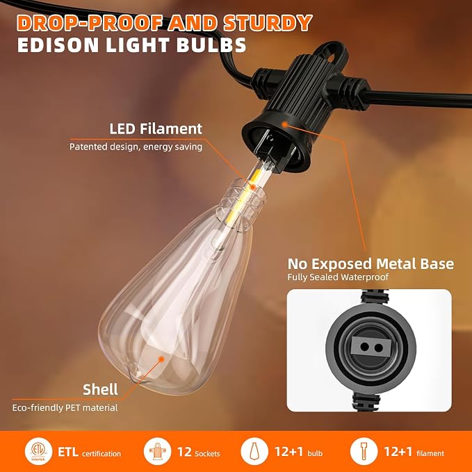 Kawaya Outdoor Patio String Lights: 25 FT LED Outside Patio Light with 12 Shatterproof Vintage Bulbs - 2700K Dimmable IP65 Waterproof Edison Outdoor Lighting for Porch Deck Bistro Cafe Party