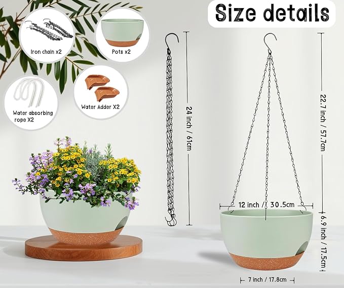 12" Self Watering Hanging Planters with Chains, Green Brown，2 Pack | Plastic hanging baskets with 43 Oz removable reservoir, for indoor outdoor plants, patio porch garden balcony decor