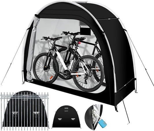 Anti-Theft Bike Storage Tent with Lockable Zipper & Security Eyelets, Upgraded PU5000 Waterproof Outdoor Storage Shed for 2 Bikes, Bicycle Motorcycle Garden Tools Shelter (80x32x68 Inches)