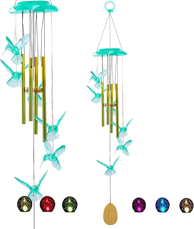 Outdoor Solar Wind Chime Decoration, Mother's Day Birthday Gifts for Grandma, Mom and Family, Outdoor Garden and Courtyard Wind Chime Accessories (Green Hummingbird)