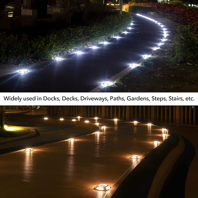 AGPTEK Solar Driveway Lights Outdoor 16 Pack, 2 Color Modes LED Deck Dock Marine Waterproof Driveway Marker Lights for Step Sidewalk Stair Garden Pathway Walkway Yard (Warm White/Cool White)