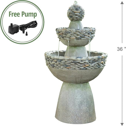 Teamson Home 36.5 in. Outdoor 3-Tier Zen-Style Pedestal Water Fountain in. with Stone Trim with Pump and 2.64 Gallon Capacity, Stone Gray | 3-Tier Garden Fountain, Stone Look, With Pump, Pedestal Waterfall Feature