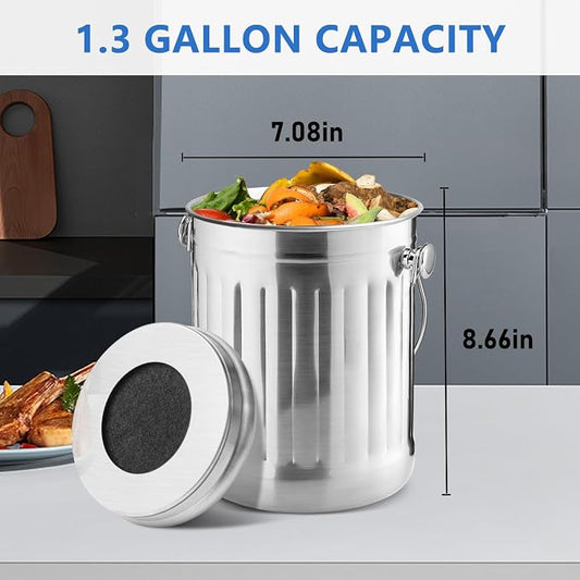 ENLOY Compost Bin for Kitchen Countertop, 1.3 Gallon Stainless Steel Indoor Compost Bucket for Kitchen Countertop Odorless Compost Pail for Kitchen Food Waste with Carrying Handle Easy to Clean