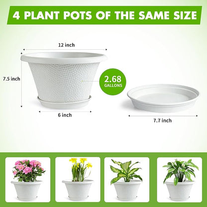 Quarut 12 Inch Plant Pot,4 Pack Large pots for Plants,Flower Pots with Drainage Hole & Saucer,Modern Planters for Indoor Outdoor Plants,Decorative Resin Garden Pots,White