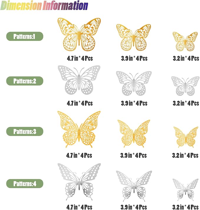 SAOROPEB 3D Butterfly Wall Decor 48 Pcs 4 Styles 3 Sizes, Butterfly Birthday Decorations Party Decorations Cake Decorations Wedding Decor, Removable Stickers (Gold, Silver)