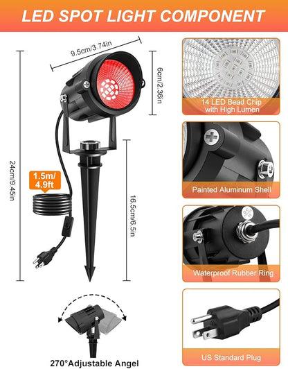 Red Landscape Lights Outdoor, 14 LED Landscape Lighting with US Plug, IP65 Waterproof Spotlights for Tree Yard Garden Pathway Halloween Christmas Decor 4 Pack
