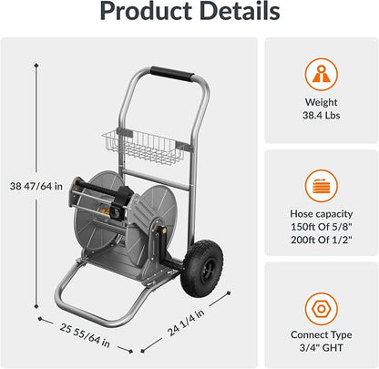 Giraffe Tools Garden Hose Reel Cart with Wheels, Heavy Duty Metal Water Hose Reel Cart, 200 ft of 1/2 Capacity, Mobile Hose Reel Cart for Outside