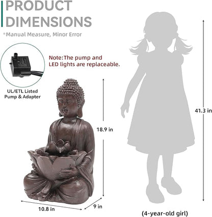 AUTODAYA 18.9" H Buddha Statue Outdoor Water Fountain with Warm LED Lights | Zen Style Garden Fountain with Relaxing Waterfall for Patio, Porch, or Yard Decor, Faux Bronze